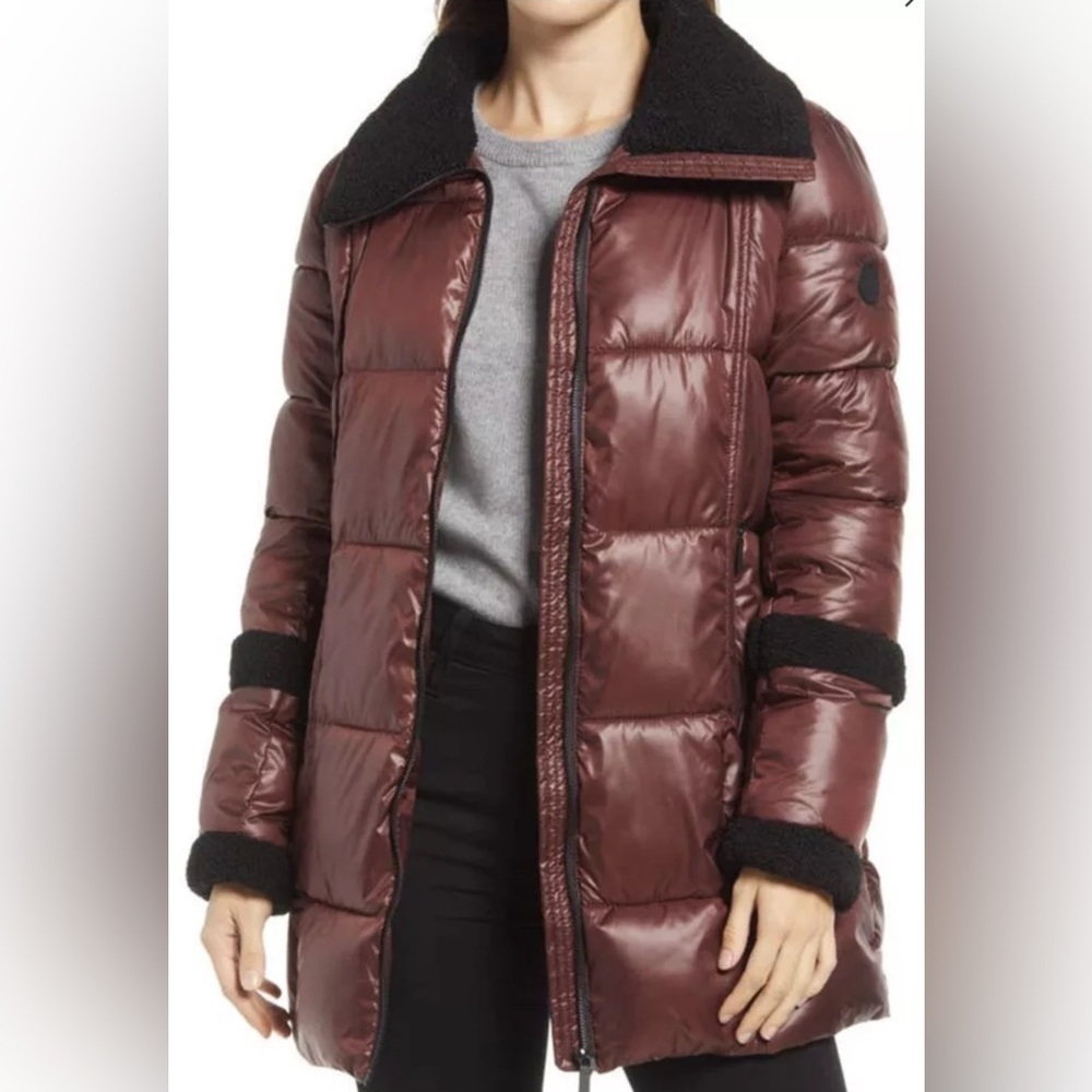 French Connection BERBER TRIM WATER REPELLENT PUFFER JACKET IN burgundy Red